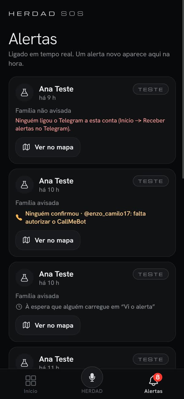 Lista de alertas em tempo real