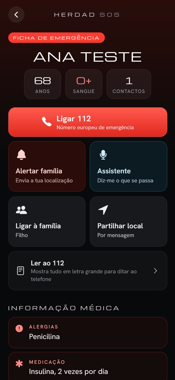 Ficha de emergência com botão Ligar 112