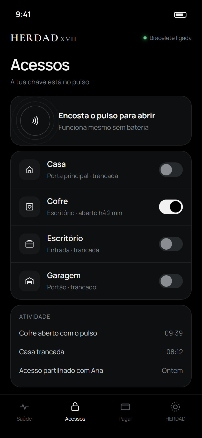 Ecrã Acessos: casa, cofre, escritório e garagem