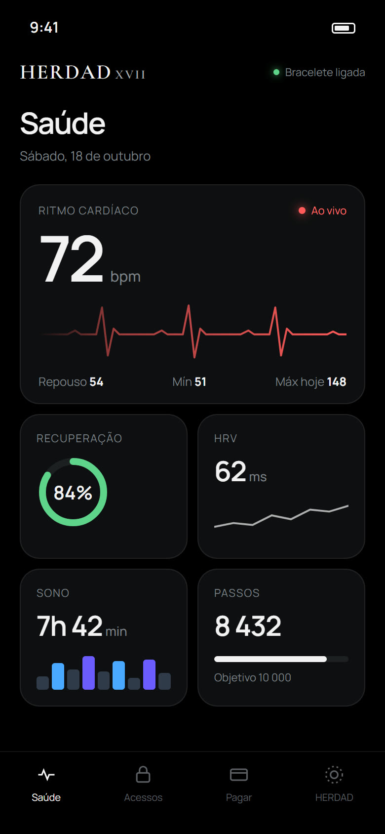 Ecrã Saúde: ritmo cardíaco ao vivo, recuperação, HRV, sono e passos